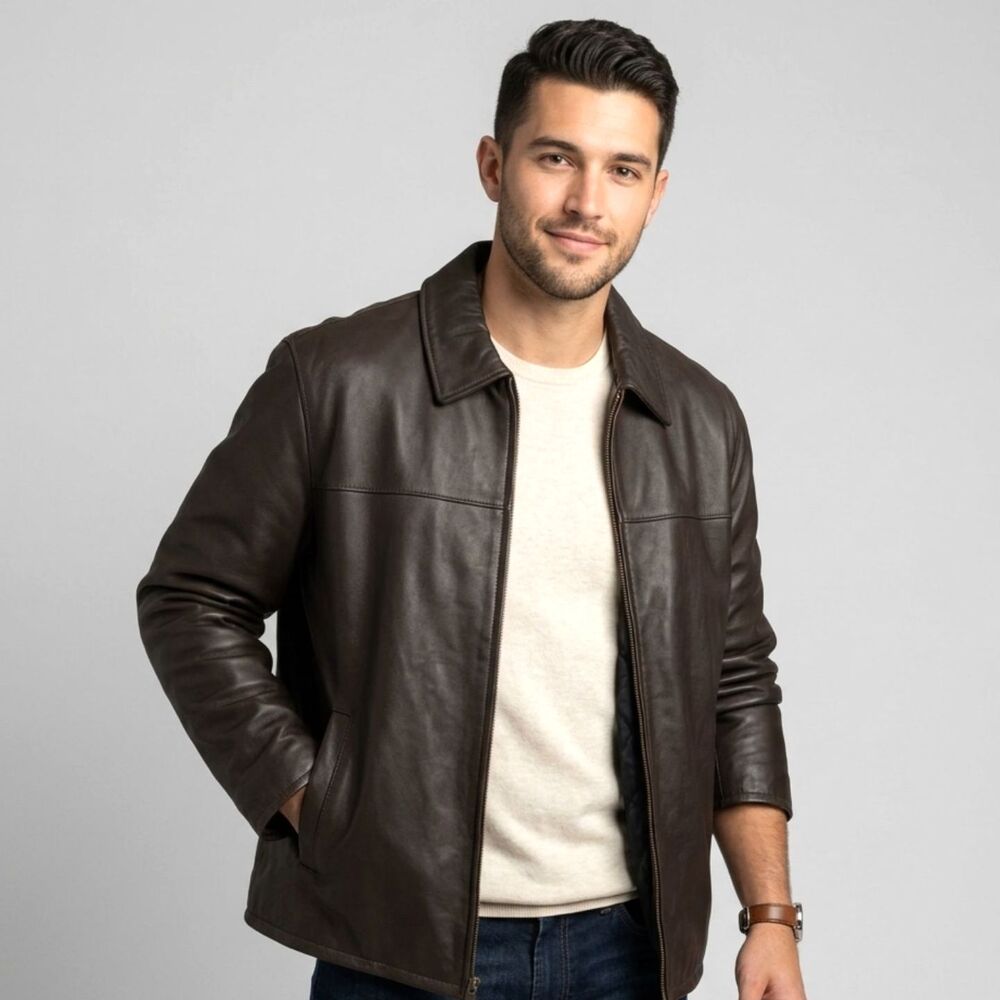 VTG Member's Mark Men's XL Leather Jacket Brown Full Zip Classic Point Collar